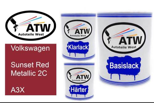 Volkswagen, Sunset Red Metallic 2C, A3X: 1L Lackdose + 1L Klarlack + 500ml Härter - Set, von ATW Autoteile West.